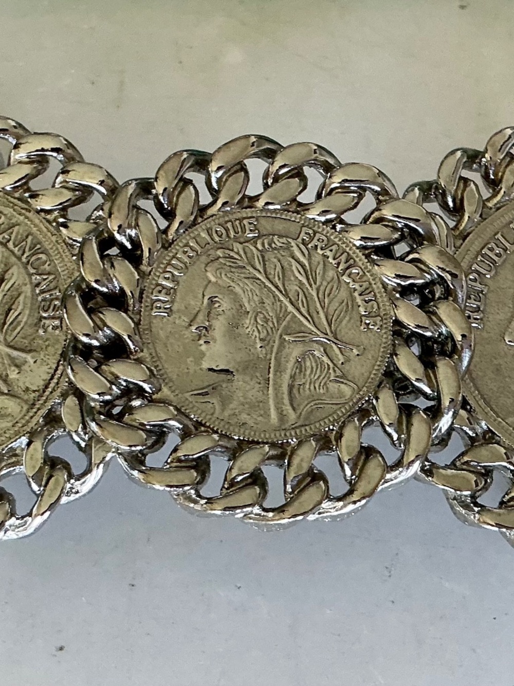 VINTAGE MIMI DI N FRENCH COINS 4” LONG BELT BUCKLE SILVER METAL